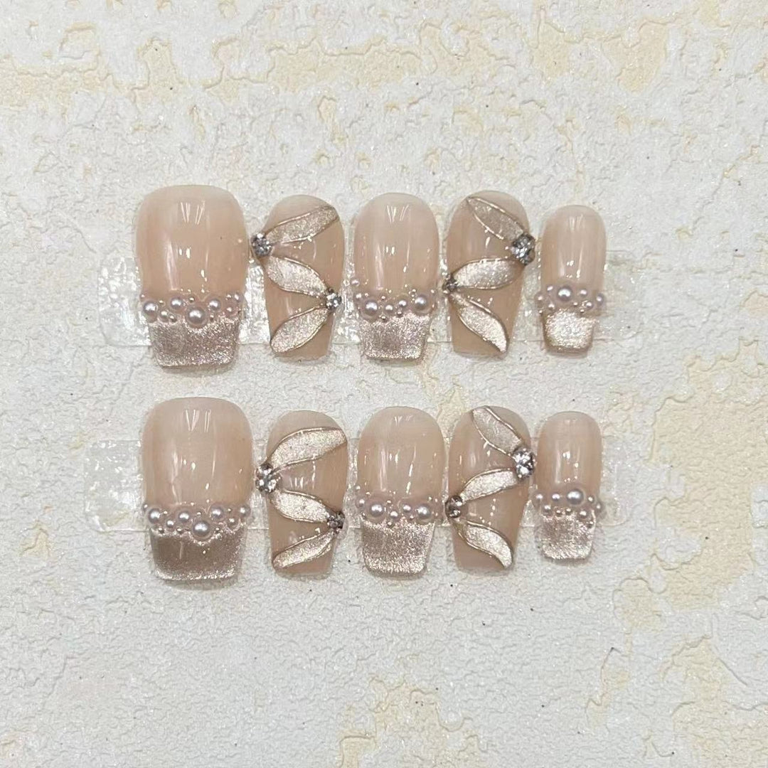 Luxurious Decorative Press-On Nail Set with Pearl and Gemstone Accents Stornfield