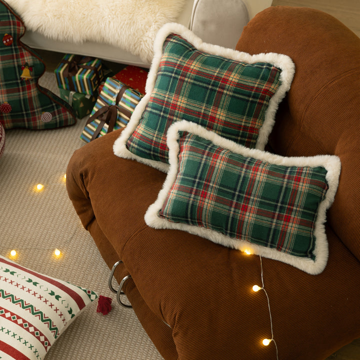 Christmas tree-shaped decorative pillow made of checked flannel with embroidered appliqués Stornfield