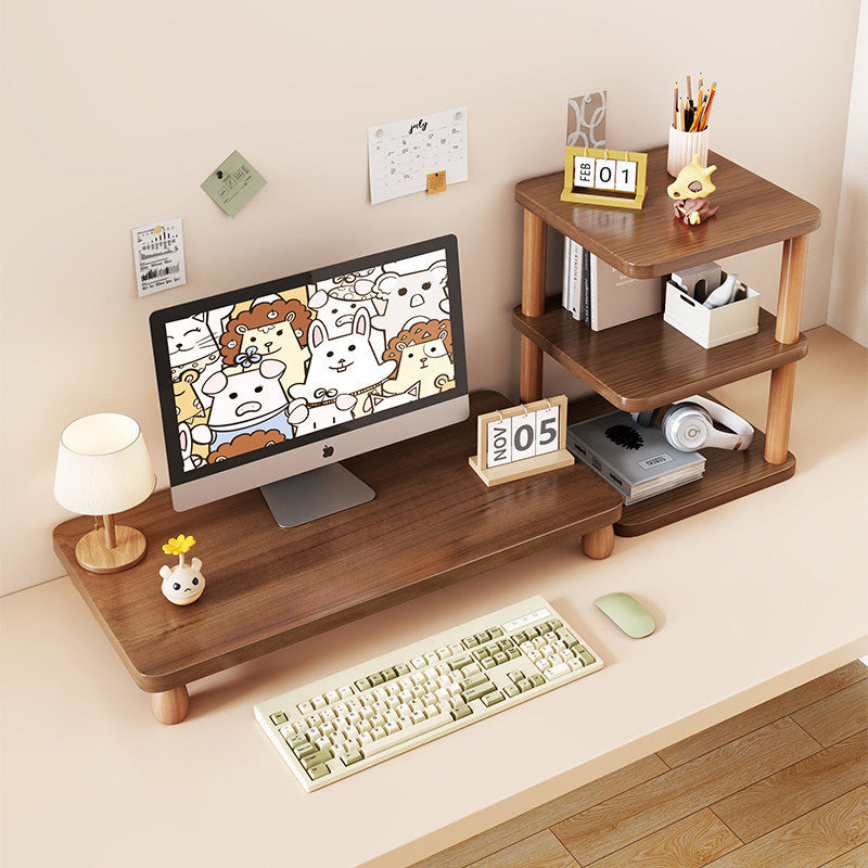 Solid Wood Monitor Riser with Tiered Desk Organizer and Cable Management