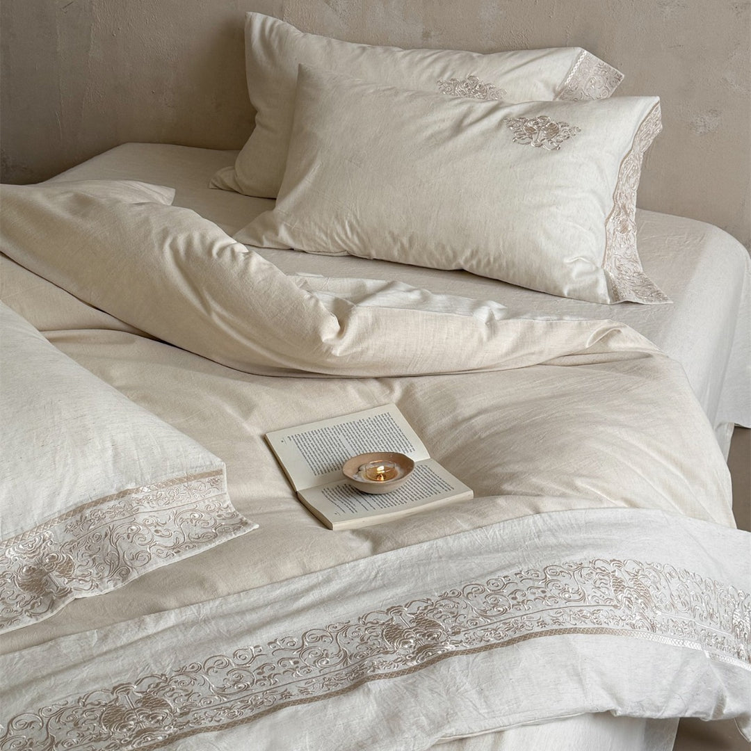 Artisan Washed Linen Duvet Cover Set with Hand‑stitched Baroque Embroidery
