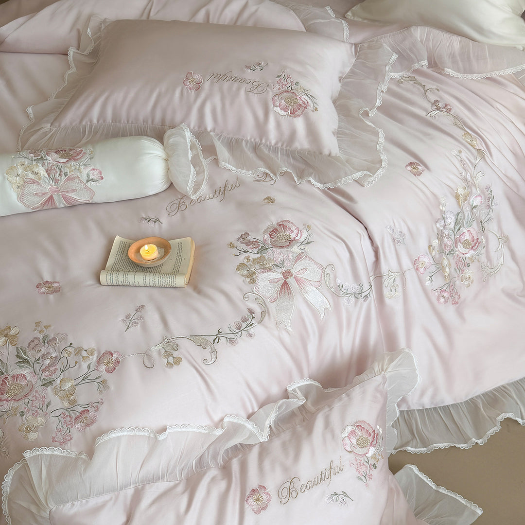 Luxury Floral-Embroidered Satin-Blend Duvet Cover Ensemble with Ruffled Sheer Skirt