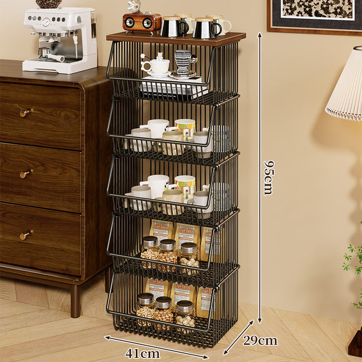 Mobile Four-Tier Kitchen Pantry Organizer Cart with Wood Top and Rolling Wire Baskets