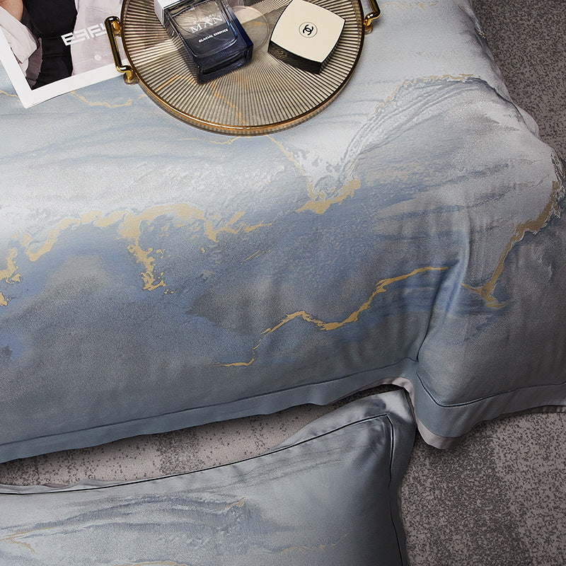 Silky Sateen Marble-Print Duvet Cover Ensemble with Reversible Back and Hidden Corner Ties