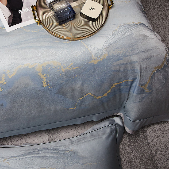 Silky Sateen Marble-Print Duvet Cover Ensemble with Reversible Back and Hidden Corner Ties