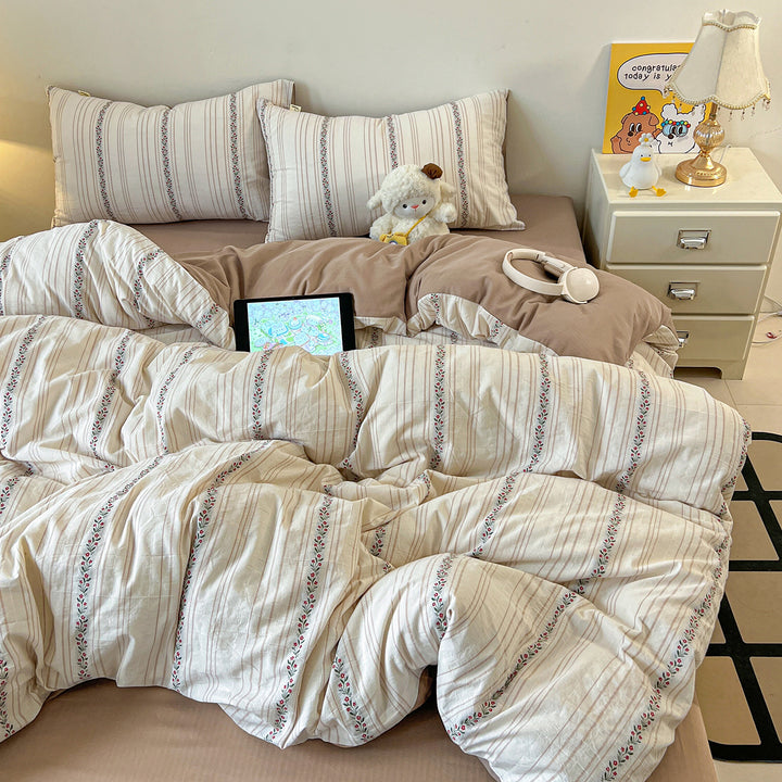 Striped Vintage Floral Cotton Percale Duvet Cover Set