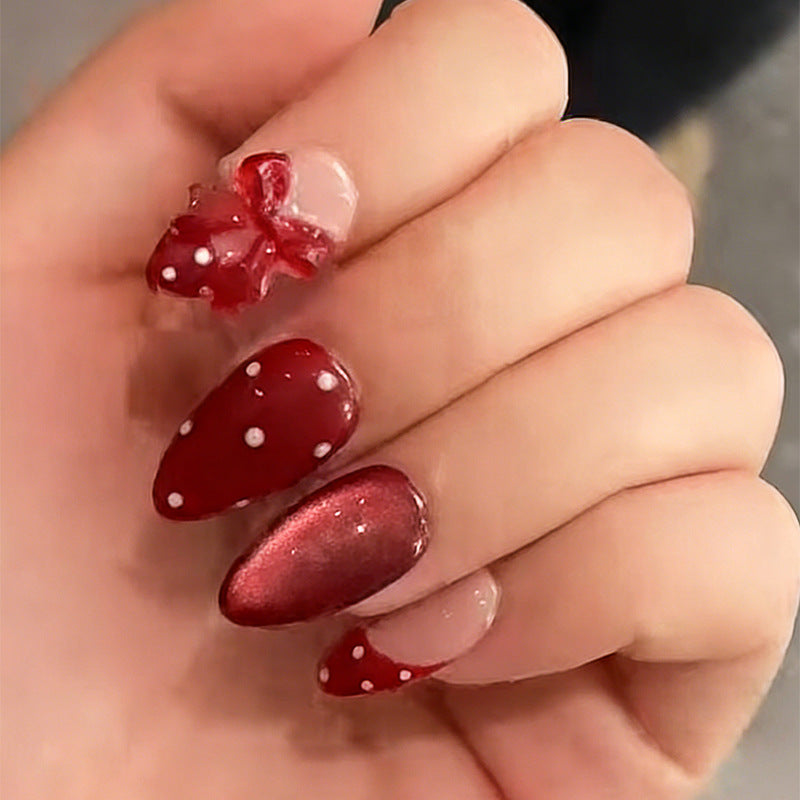Charming Decorative Press-On Nail Art Set with Bow and Polka Dot Design Stornfield