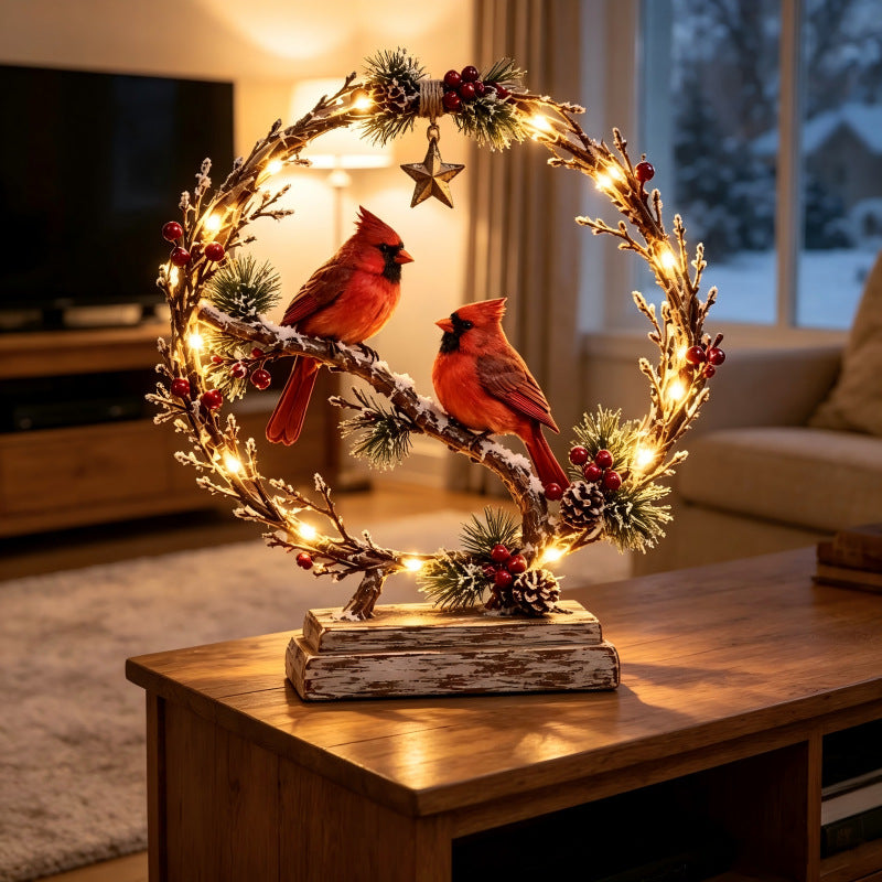 Decorative Christmas wreath with lights and birds Stornfield