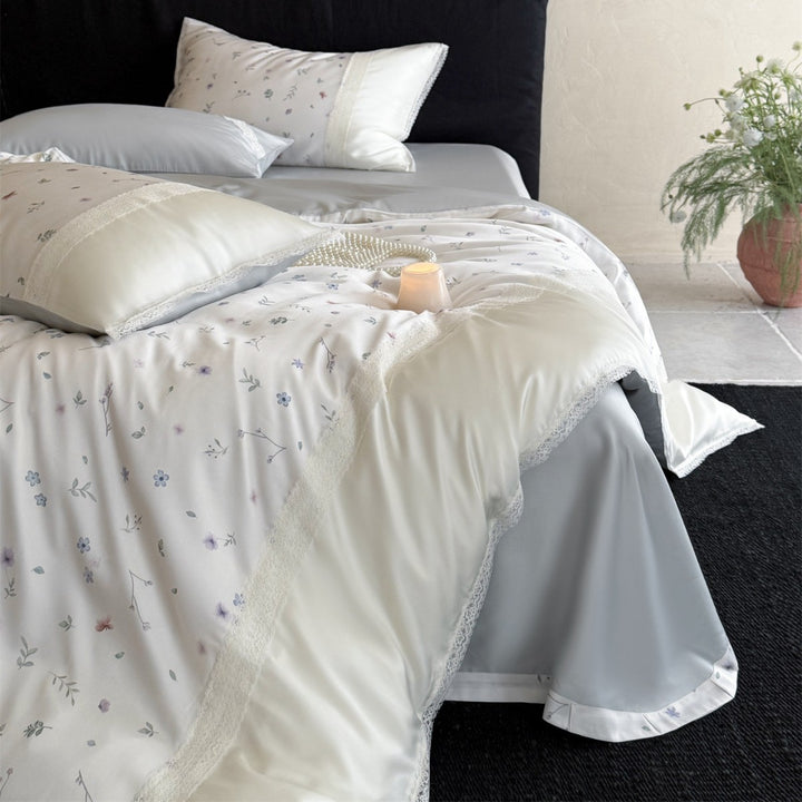 Floral Lace-Trim Satin Duvet Cover and Pillowcase Set