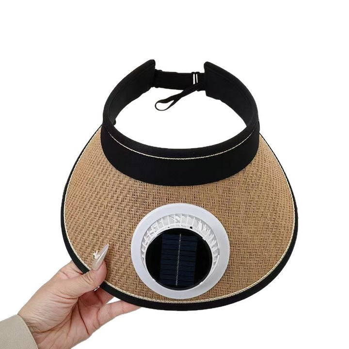 Foldable straw hat visor with integrated solar fan, adjustable neck strap, and breathable sweatband Stornfield