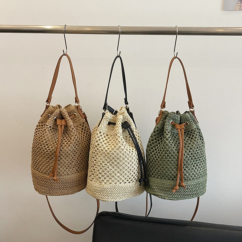 Woven Drawstring Bucket Bag