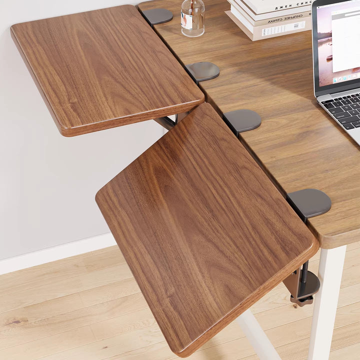 Clamp-On Dual-Tier Adjustable Wooden Desk Side Shelf Extension
