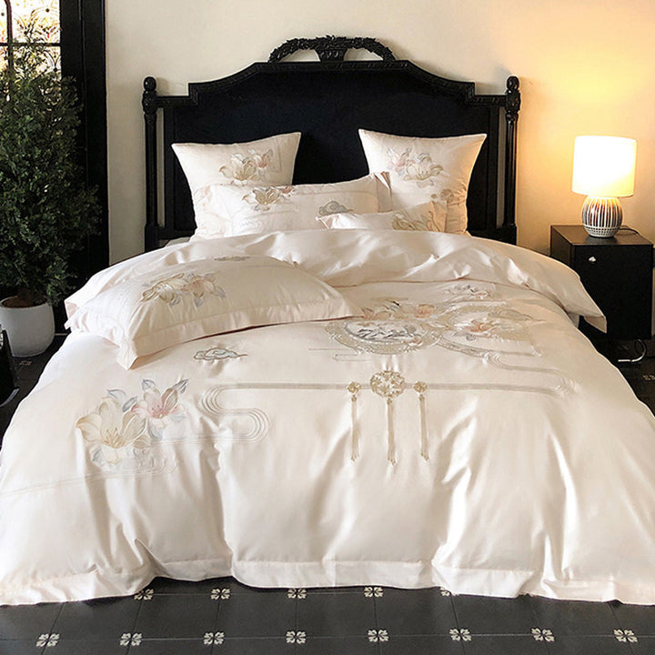 Embroidered Floral & Songbird Luxury Cotton Duvet Cover Set with Decorative Round Cushion