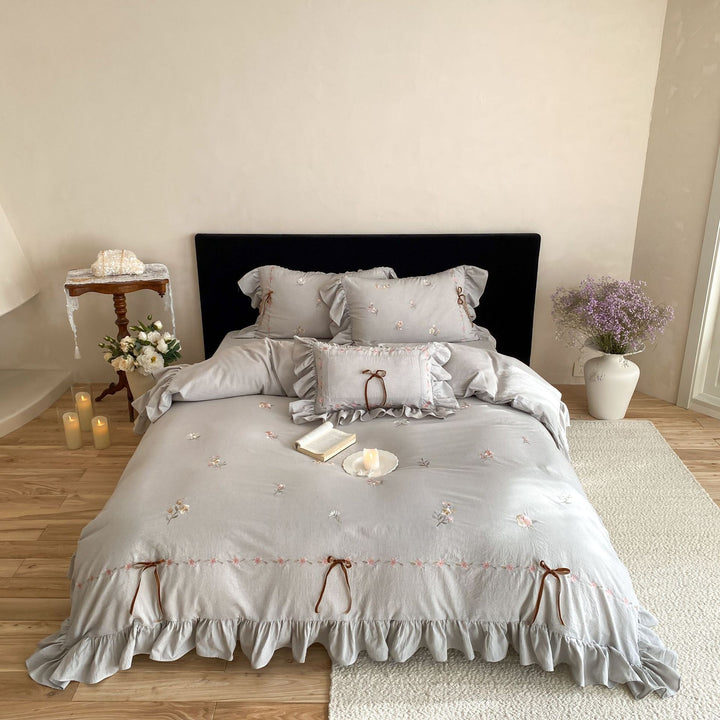 Floral Embroidered Ruffled Cotton Duvet Cover Set