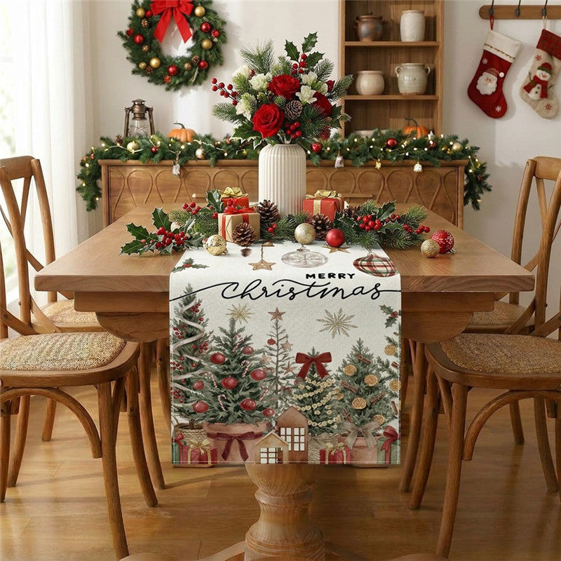 Cotton-Linen Festive Poinsettia Christmas Table Runner
