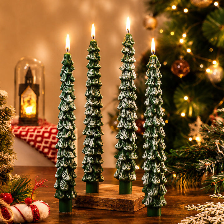 Sculptural Tall Pine-Tree Taper Candle Set with Layered Branch Texture