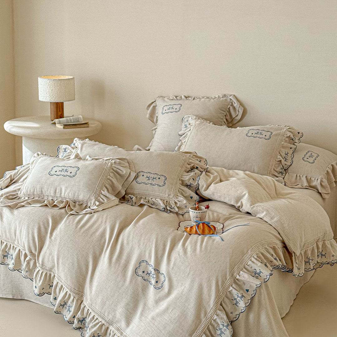 Vintage-Inspired Hand-Embroidered Scalloped Linen Duvet Cover Set with Crocheted Trim and Ruffled Pillow Shams