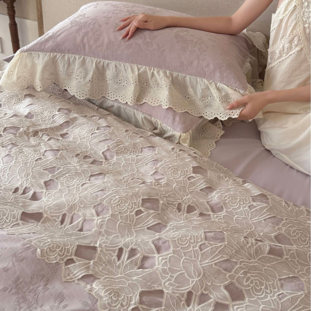 Cutwork Floral Embroidered Cotton Duvet Cover Set with Eyelet Ruffle Shams