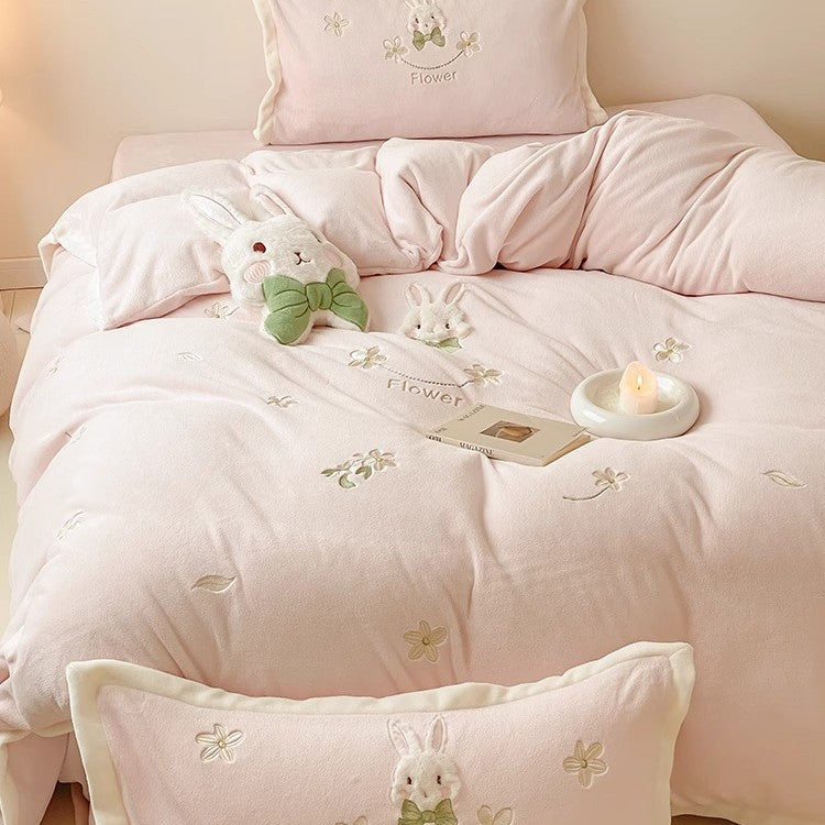 Embroidered Plush Bunny Comforter Bedding Set with Decorative Pillow Shams