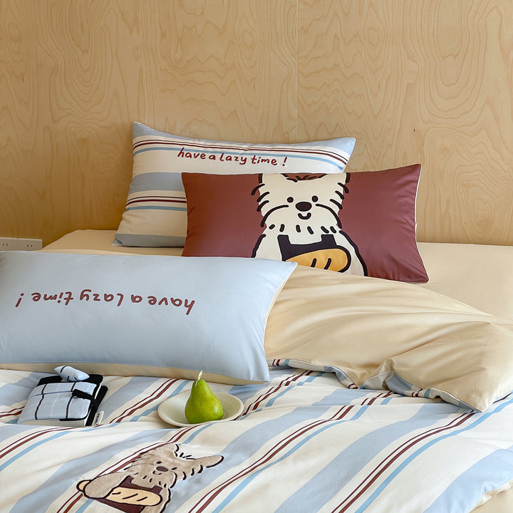 Playful Cartoon Appliqué Striped Cotton Duvet Cover Set