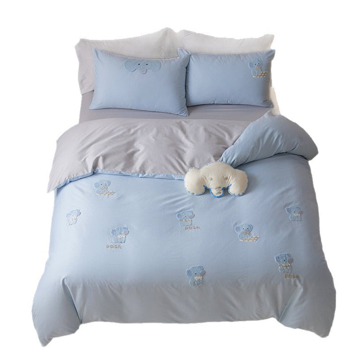 Cute embroidered bedding set with dog appliqués and reversible function