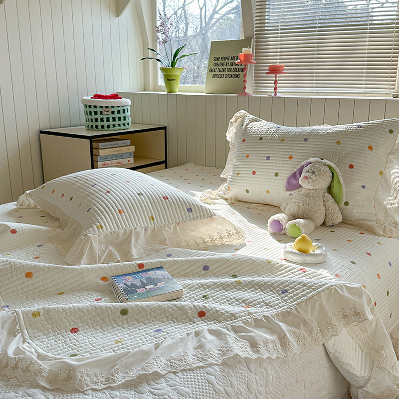 Quilted Polka Dot Cotton Bedspread Set with Eyelet Lace Ruffled Shams
