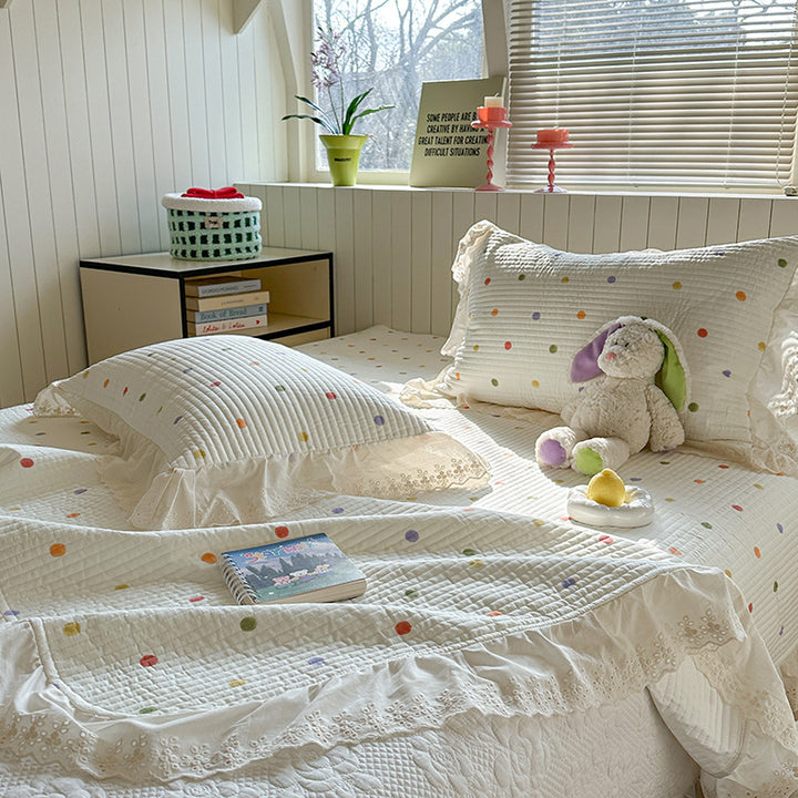 Quilted Polka Dot Cotton Bedspread Set with Eyelet Lace Ruffled Shams