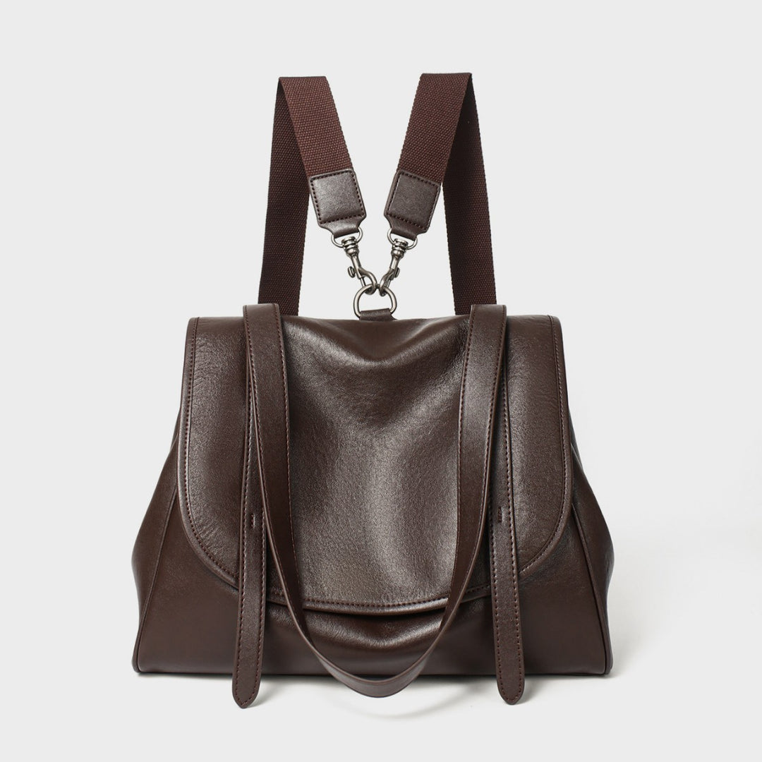 Convertible Smooth Leather Flap Tote Backpack with Detachable Webbing Straps
