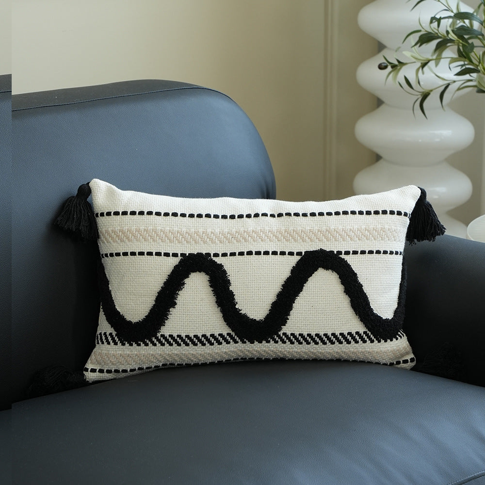 Rectangular Woven Lumbar Decorative Pillow with Tufted Diamonds and Tassels