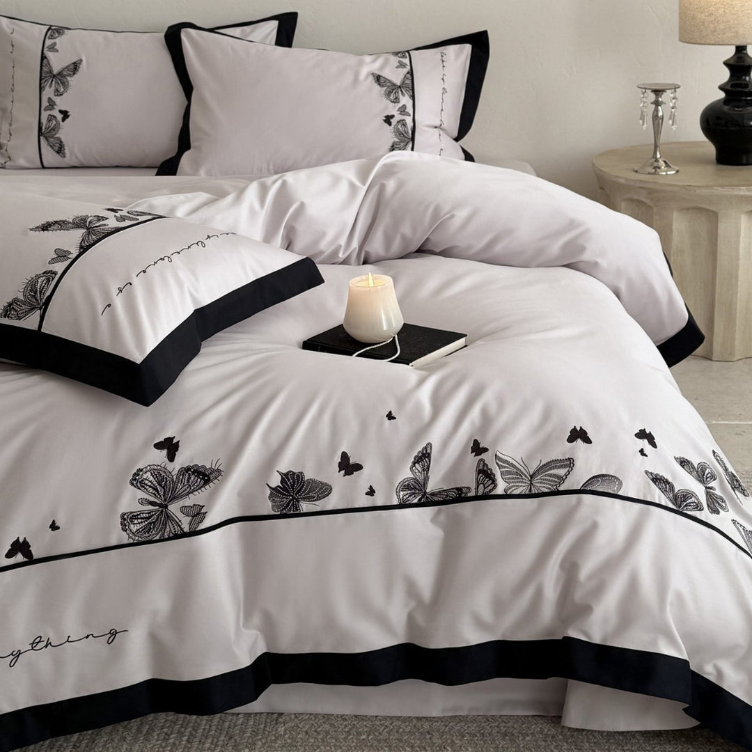 Botanical Butterfly Embroidered Cotton-Sateen Reversible Duvet Cover Set with Contrast Piped Border and Euro Shams
