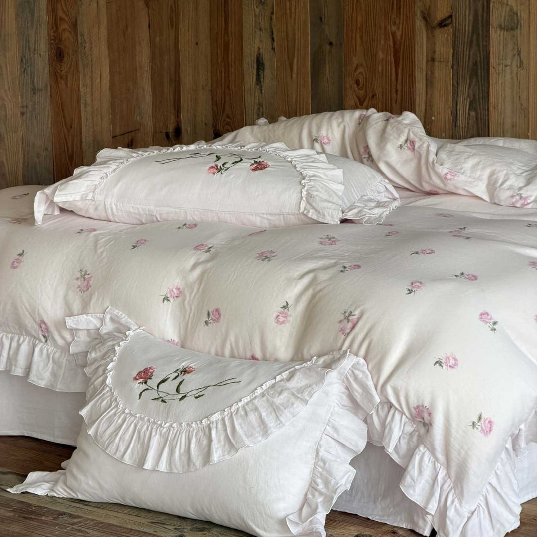 Romantic bedding set with ruffles and rose embroidery