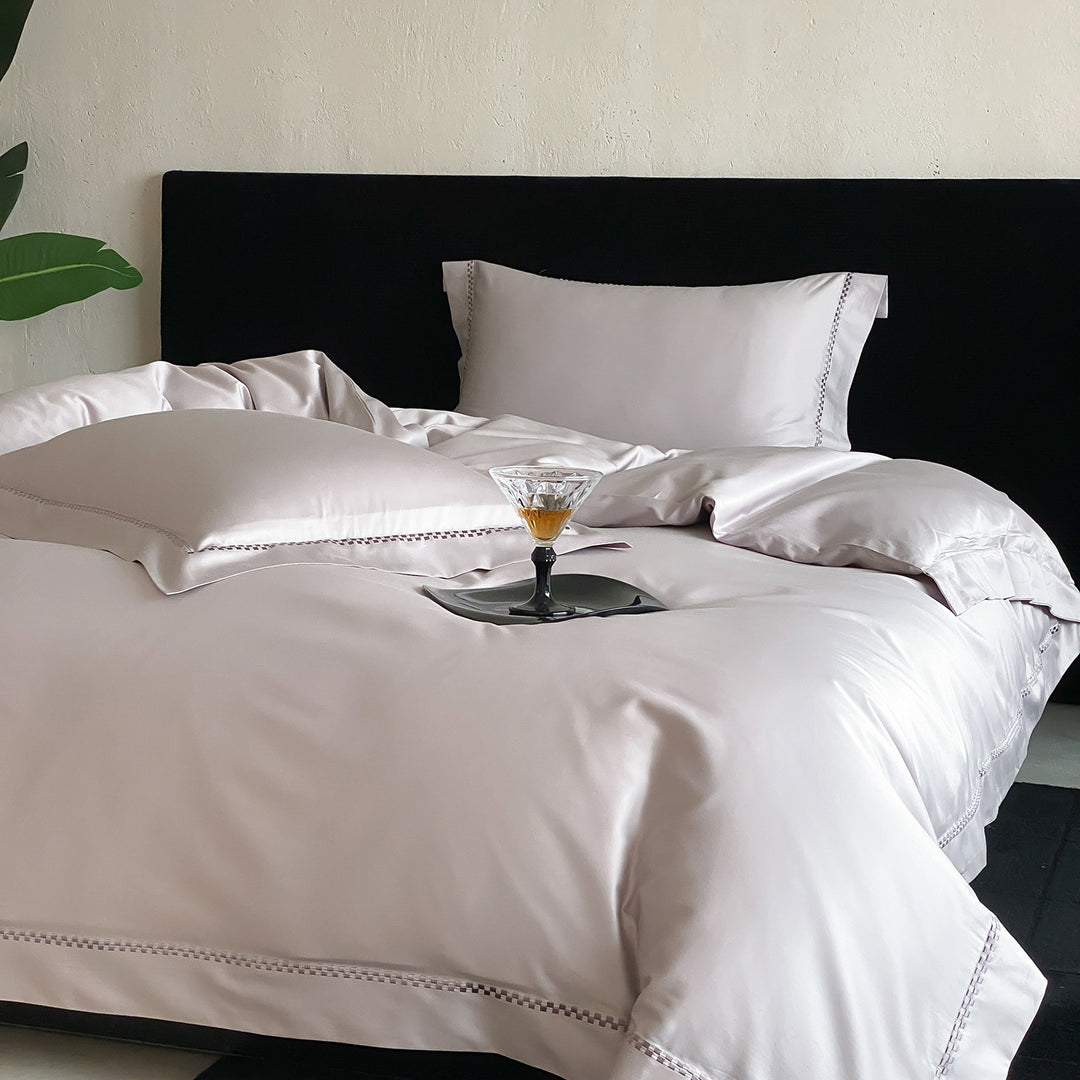 Premium Satin Bedding Set with fine hemstitch embroidery and silky smooth finish