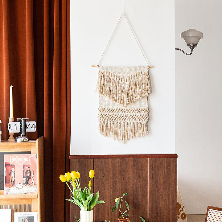 Woven Boho wall tapestry with macrame fringes and handcrafted textured relief Stornfield