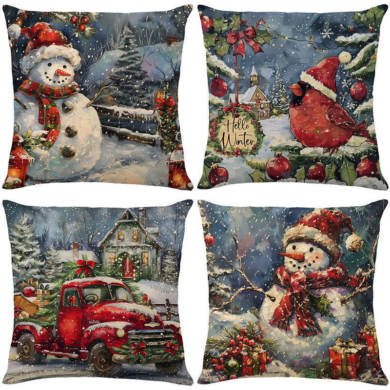 Festive Cotton-Linen Square Throw Pillow Cover with Snowman Winter Village Print and Concealed Zipper