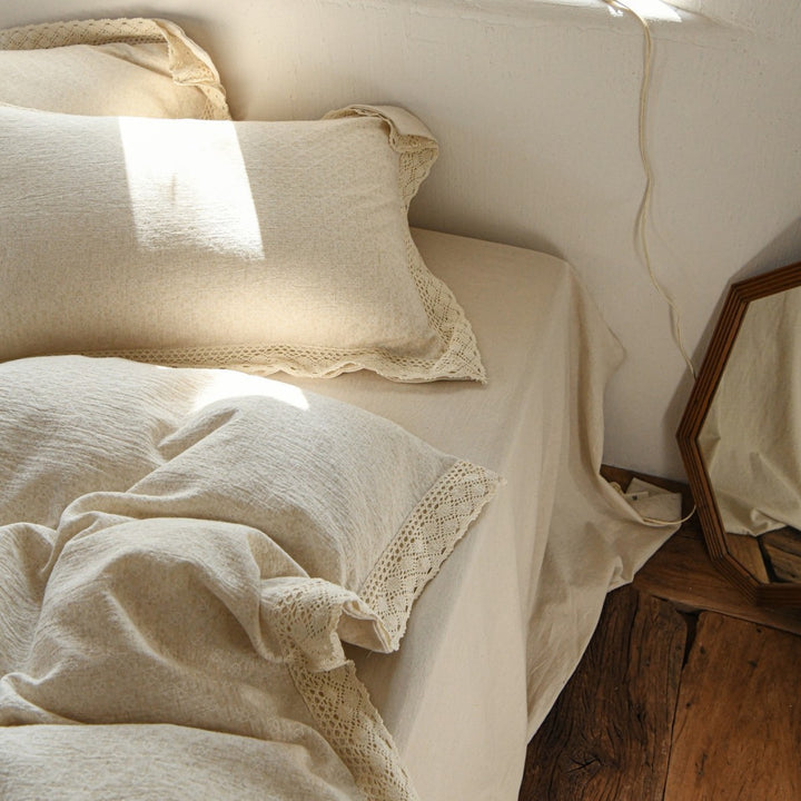Breathable Linen-Cotton Washed Duvet Cover Set with Crocheted Lace Edge & Envelope Closure