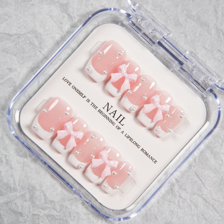 Decorative Press-On Nail Set with Bow and Pearl Accents
