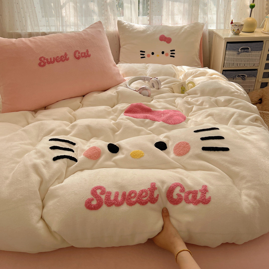 Plush Embroidered Kawaii Cat Comforter Set