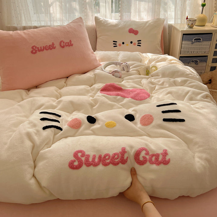 Plush Embroidered Kawaii Cat Comforter Set