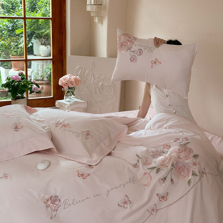 Embroidered Floral Satin Duvet Cover Set with Decorative Bow and Matching Pillow Shams