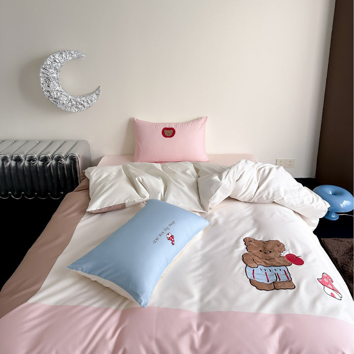 Cute Embroidered Puppy Cotton Sateen Duvet Cover Set with Gingham Reversible Shams
