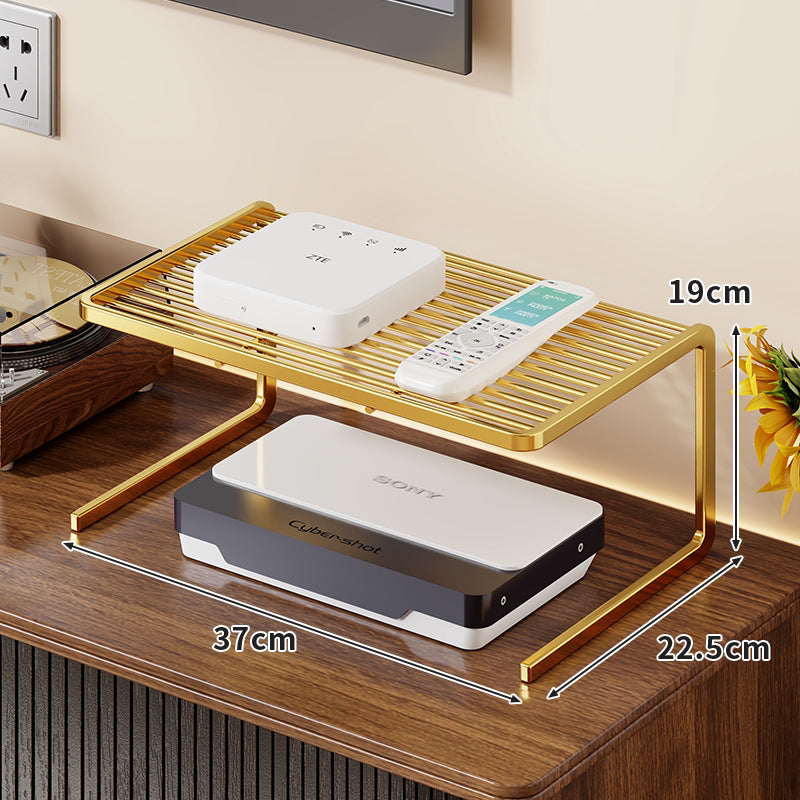 Two-Tier Ventilated Metal Electronics Organizer Shelf for Routers, Set-Top Boxes and Remotes