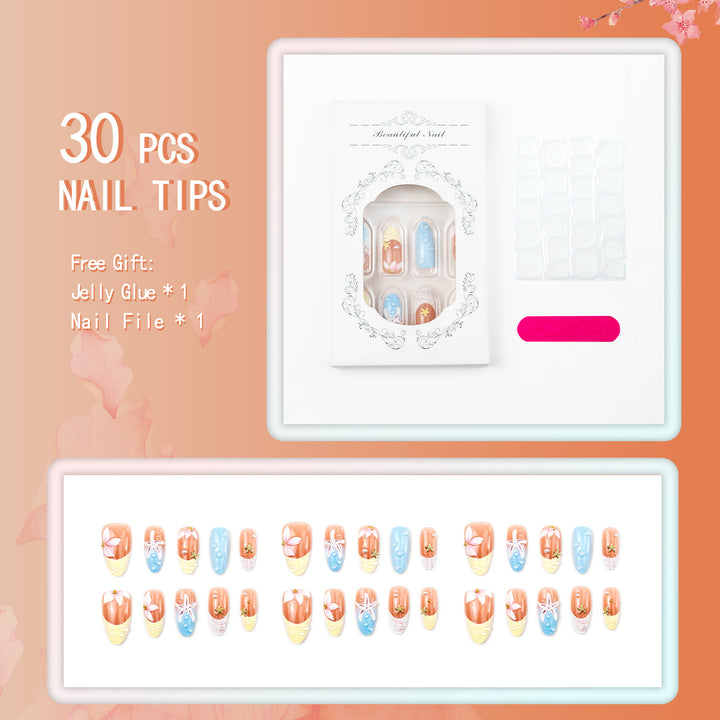 Artistic Press-On Nails Set with Gold Beach-Themed Designs