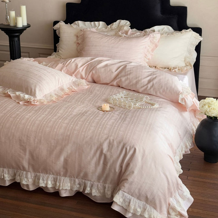 Vintage-Inspired Frilled Jacquard Cotton Duvet Cover Set