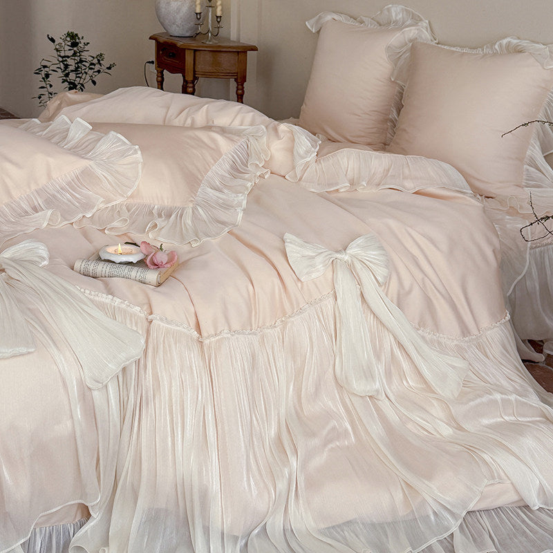 Romantic Ruffled Pleated Duvet Cover Ensemble with Bow-Tie Skirt & Oxford Shams