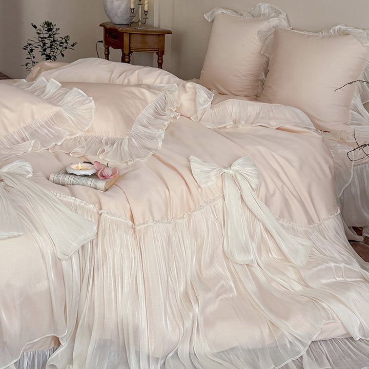 Romantic Ruffled Pleated Duvet Cover Ensemble with Bow-Tie Skirt & Oxford Shams