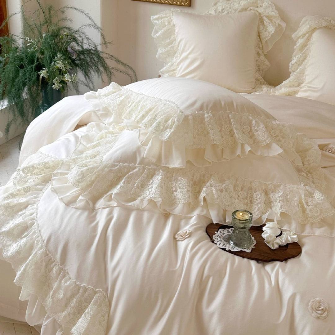 Victorian-Inspired Ruffled Lace Duvet Cover and Sham Set