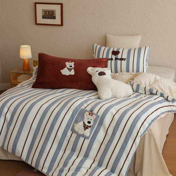 Striped Cotton Sateen Duvet Cover Set with Embroidered Puppy Applique & Pillow Shams