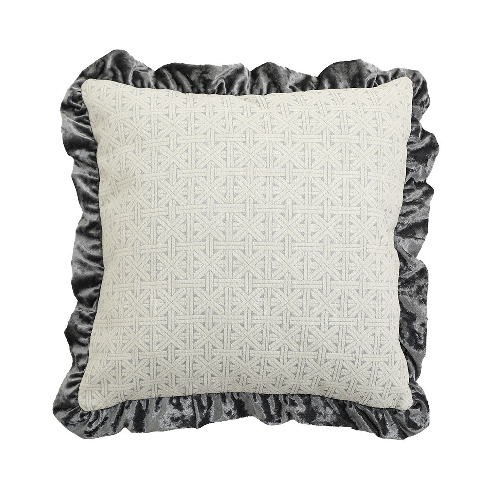 Square decorative pillow in Baroque style with velvet ruffle and putto jacquard