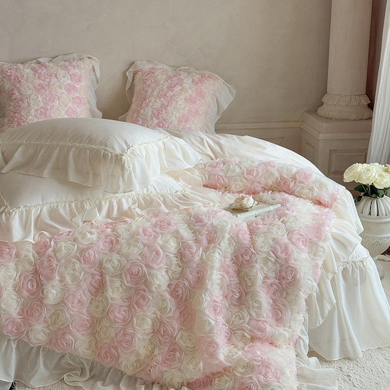 Romantic bedspread with 3D rose appliqué and ruffle