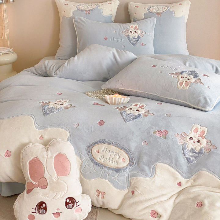 Embroidered Bunny Cotton-Sateen Duvet Cover Set with Plush Bunny Pillow and Ruffled Edge
