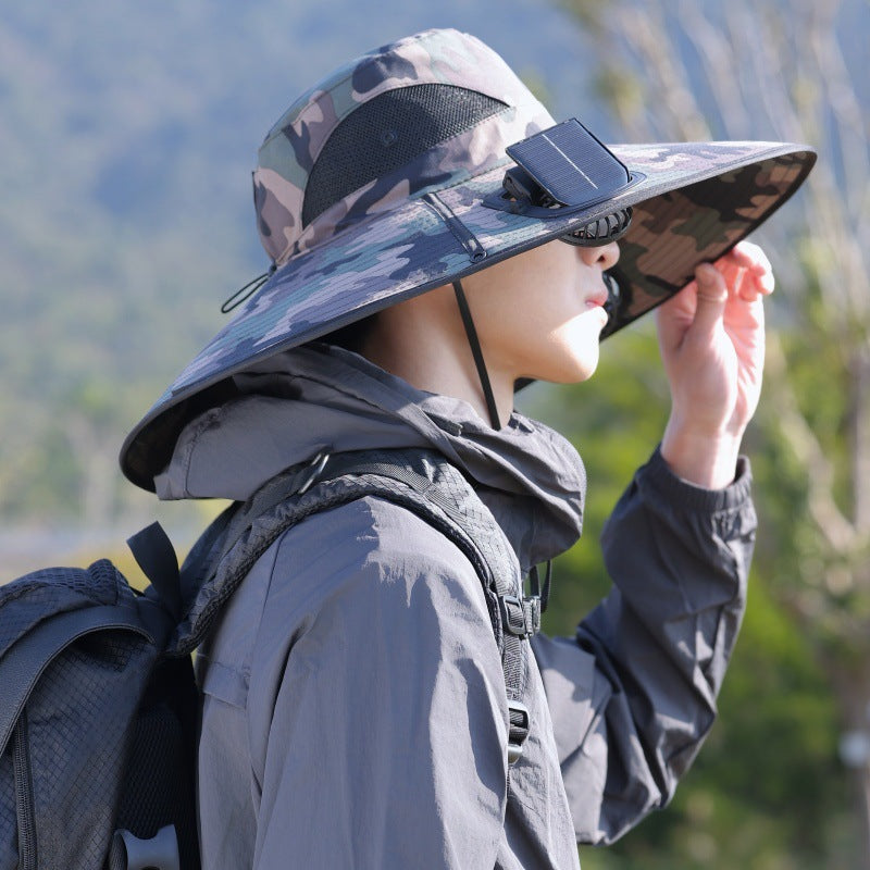 Wide-brimmed outdoor sun hat with solar-powered micro fan, breathable mesh and adjustable chin strap Stornfield
